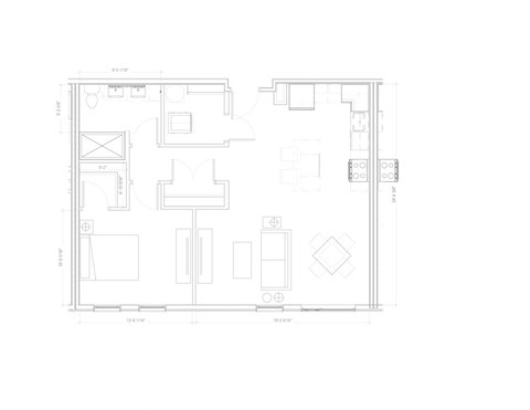 Floor plan for 1 bed, 1 bath, 773 sqft